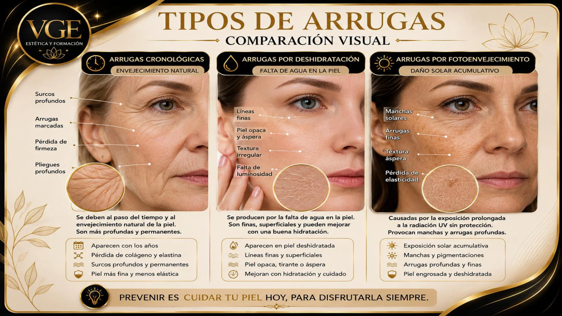 Comparación visual: arrugas cronológicas, por deshidratación y por fotoenvejecimiento